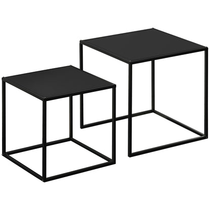 Set of 2 Square Stackable Coffee Tables for Living Room, Steel, Black