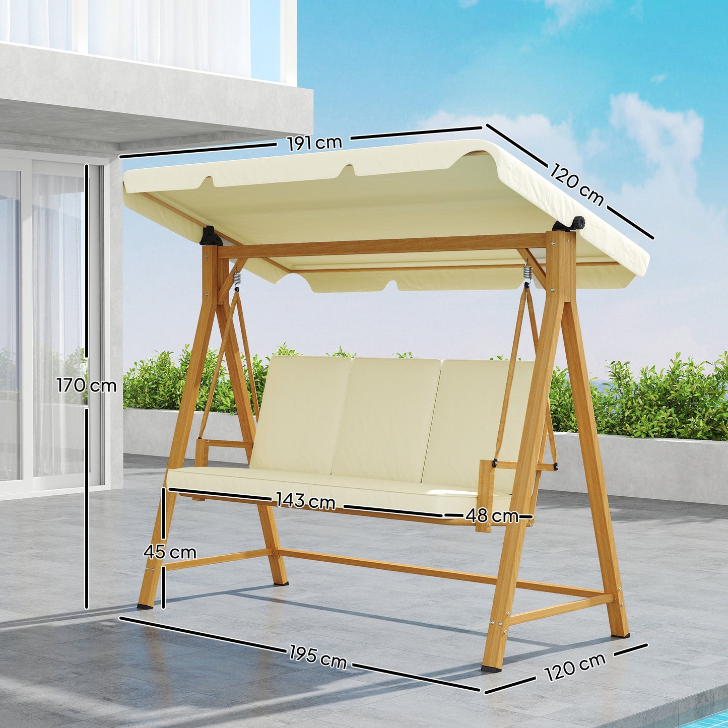 3 Seater Garden Swing with Adjustable Canopy and Cushions, 195x120x170 cm, Beige