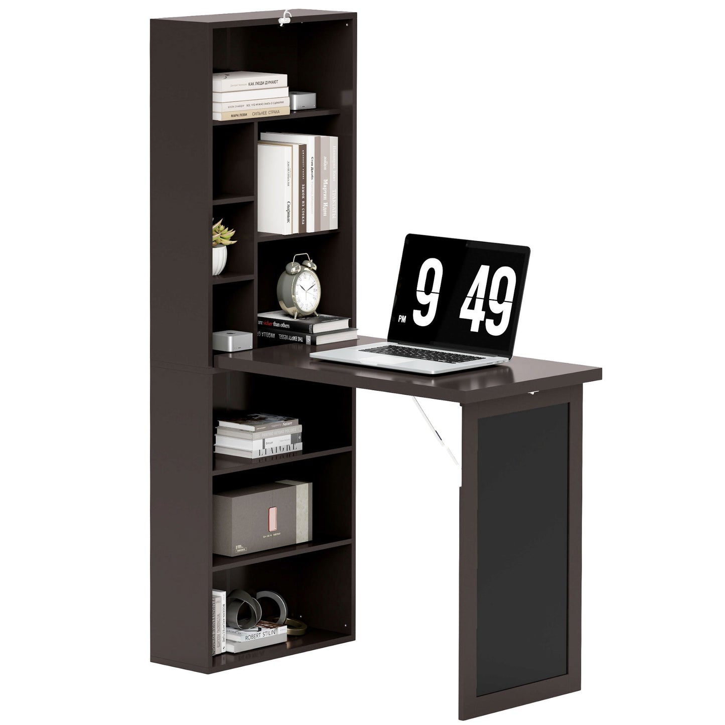 Modern Folding Desk with Bookcase and Blackboard, Wood and Metal, 98x51x153 cm, Brown