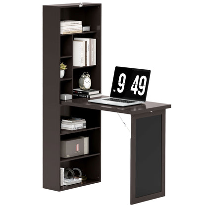 Modern Folding Desk with Bookcase and Blackboard, Wood and Metal, 98x51x153 cm, Brown