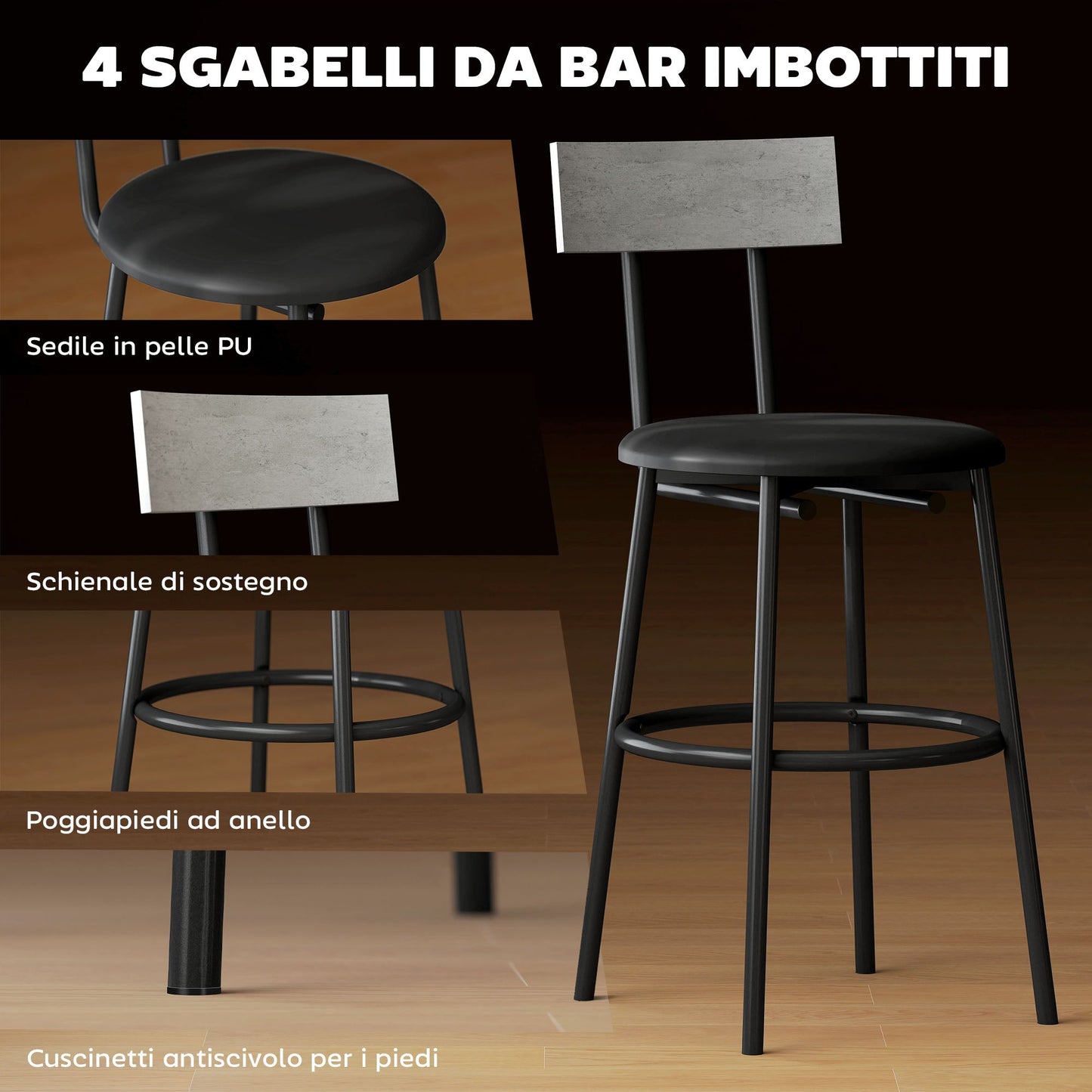 Industrial Style High Table and 4 Bar Stools Set with Backrest and Footrest, Cement Grey
