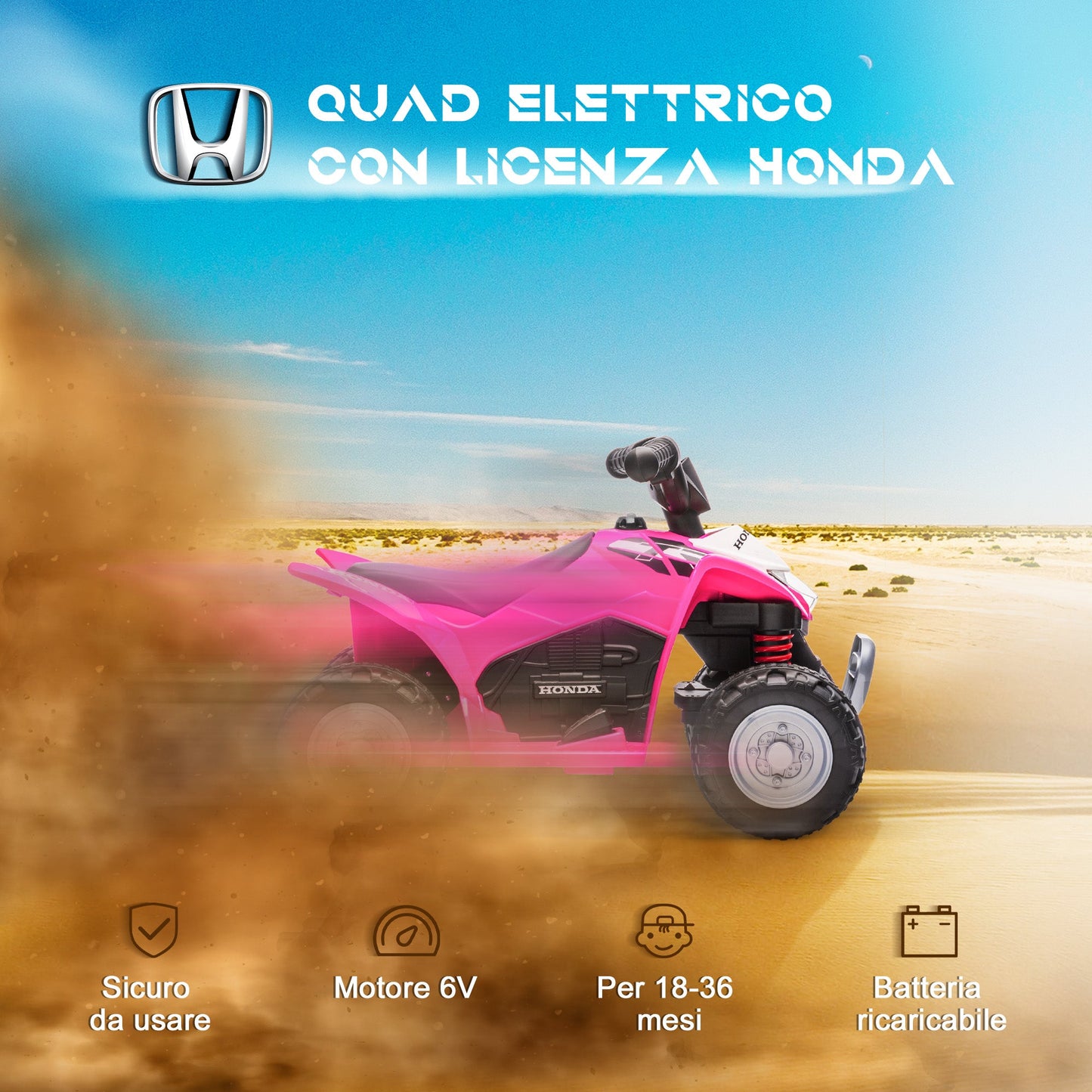 Electric Quad Bike for Children 18-36 Months with LED Lights, Horn and Pedals, 65.5x38.5x43.5 cm, Pink