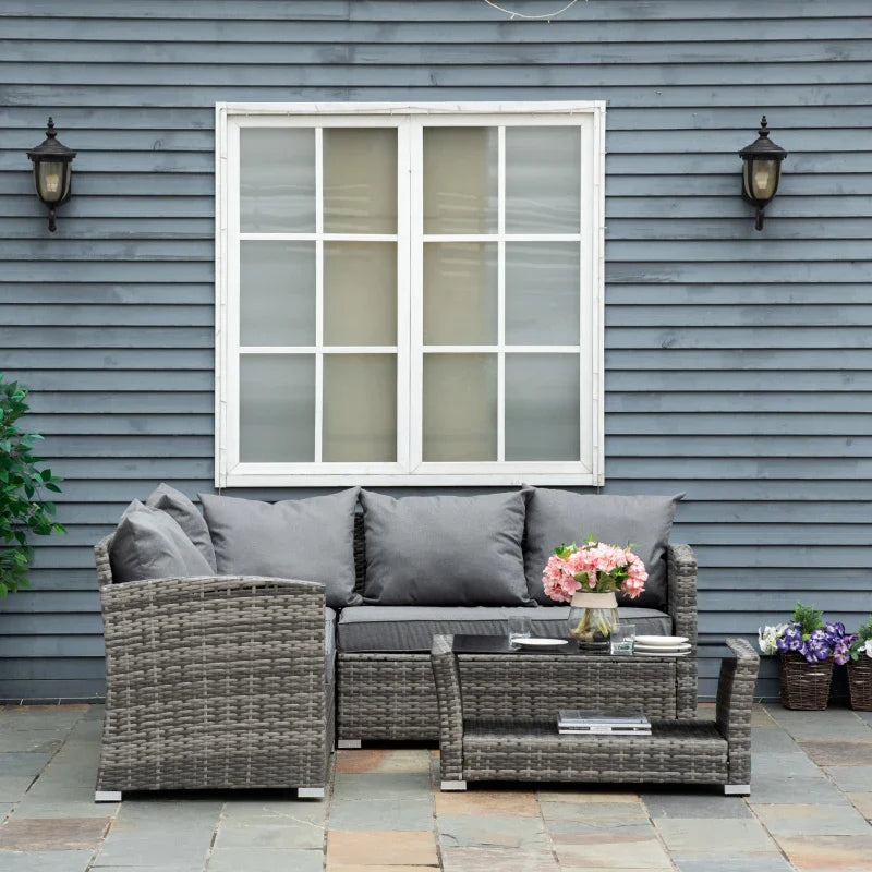 4-Piece PE Rattan Garden Furniture Set, Corner Sofa and Glass Coffee Table, Padded and Removable Cushions, Grey