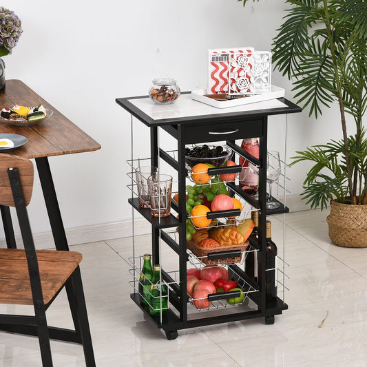 Kitchen Trolley with Drawer, 4 Pull-Out Fruit Baskets and Ceramic Top, Space-Saving Kitchen Cart with 4 Side Shelves in Pine Wood and Metal, 57x37x83 cm, Black