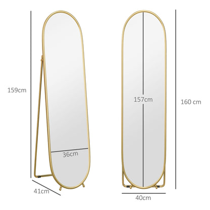 Oval Vertical Floor Mirror with Stand, in Glass and Metal, 40x41x159 cm, Gold Tone