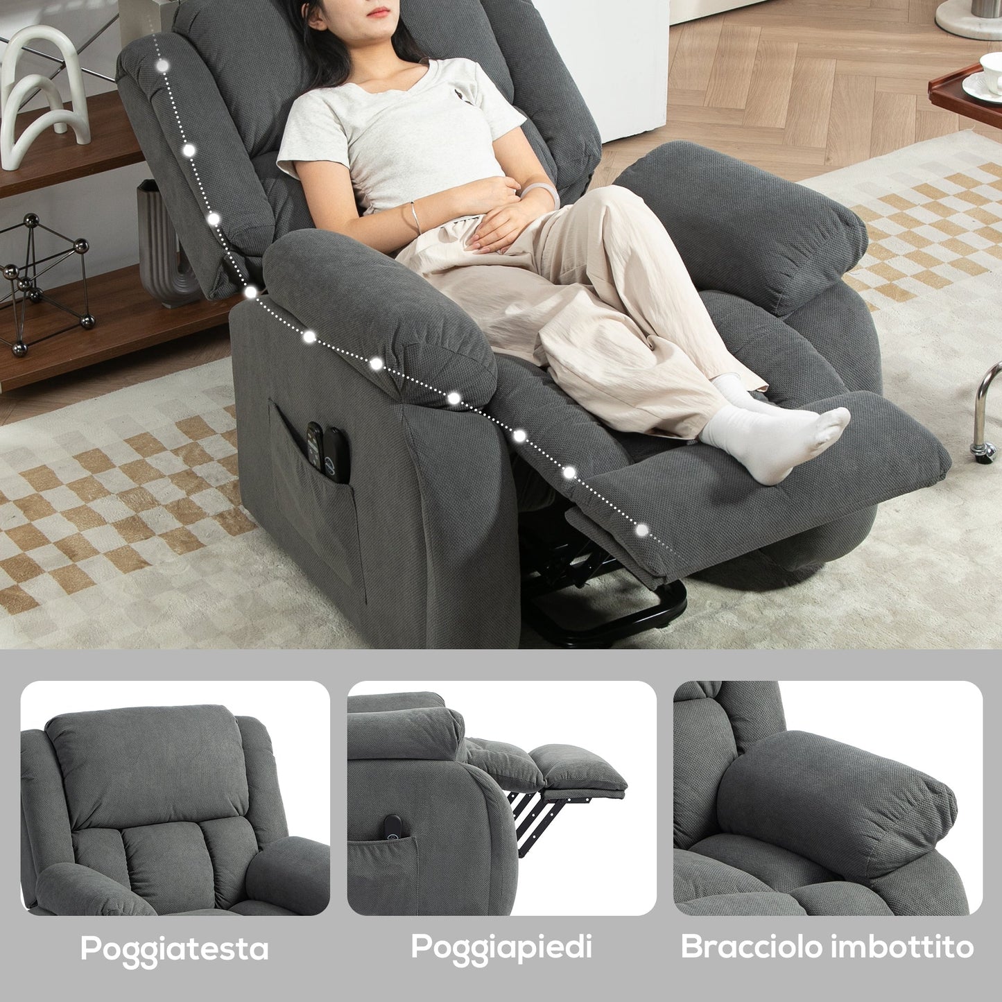 Lift Massage Reclining Chair with 2 Pockets and Remote Control, 93x104x105 cm, Grey