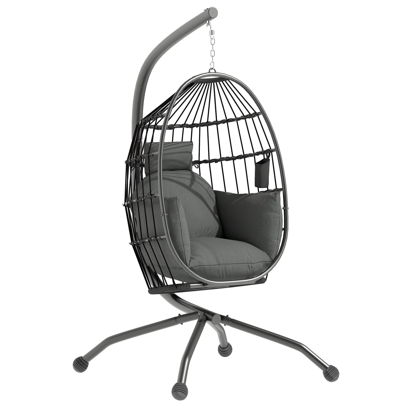 Hanging Egg Chair with Adjustable Hook, 2 Cushions and Basket, Steel, 120x88x192 cm, Black and Grey