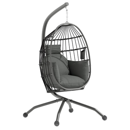 Hanging Egg Chair with Adjustable Hook, 2 Cushions and Basket, Steel, 120x88x192 cm, Black and Grey