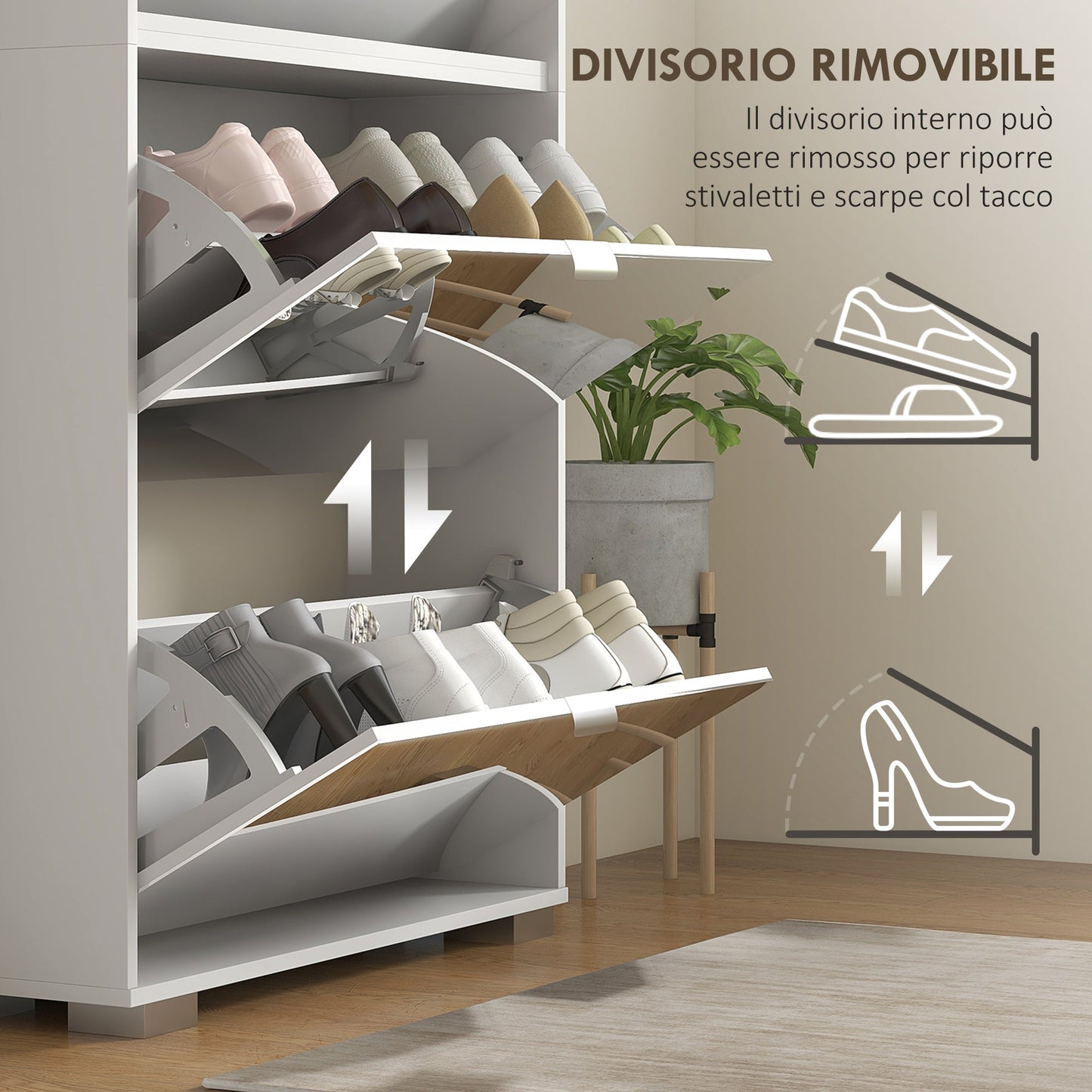 Space-Saving Slim Shoe Rack with Mirror and 4 Drawers for 24 Pairs of Shoes, 76x26x178cm, White