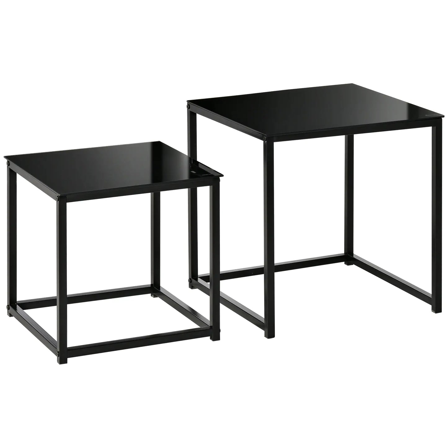 Set of 2 Modern Square Coffee Tables, in Steel and Tempered Glass, Black