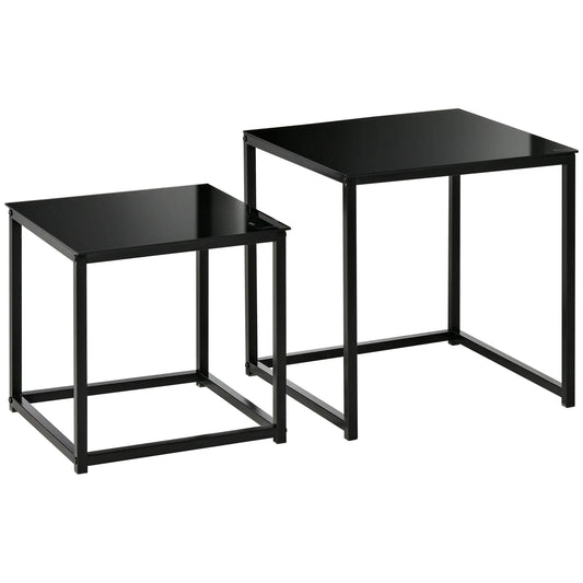 Set of 2 Modern Square Coffee Tables, in Steel and Tempered Glass, Black