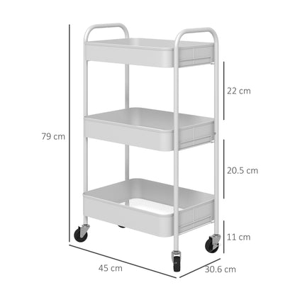 3-Tier Kitchen Cart with Handles and 4 Wheels, Steel, 45x30.6x79 cm, White