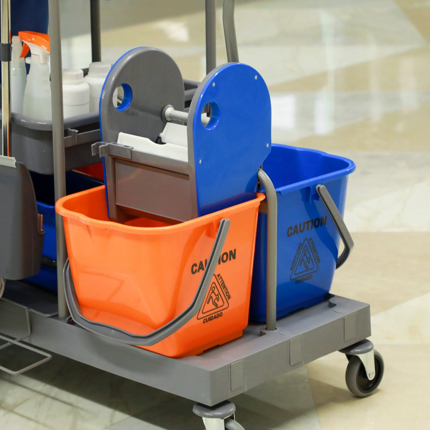 3-Tier Cleaning Trolley with Garbage Bag and Wringer, 111x63.3x103 cm, Grey, Blue and Orange