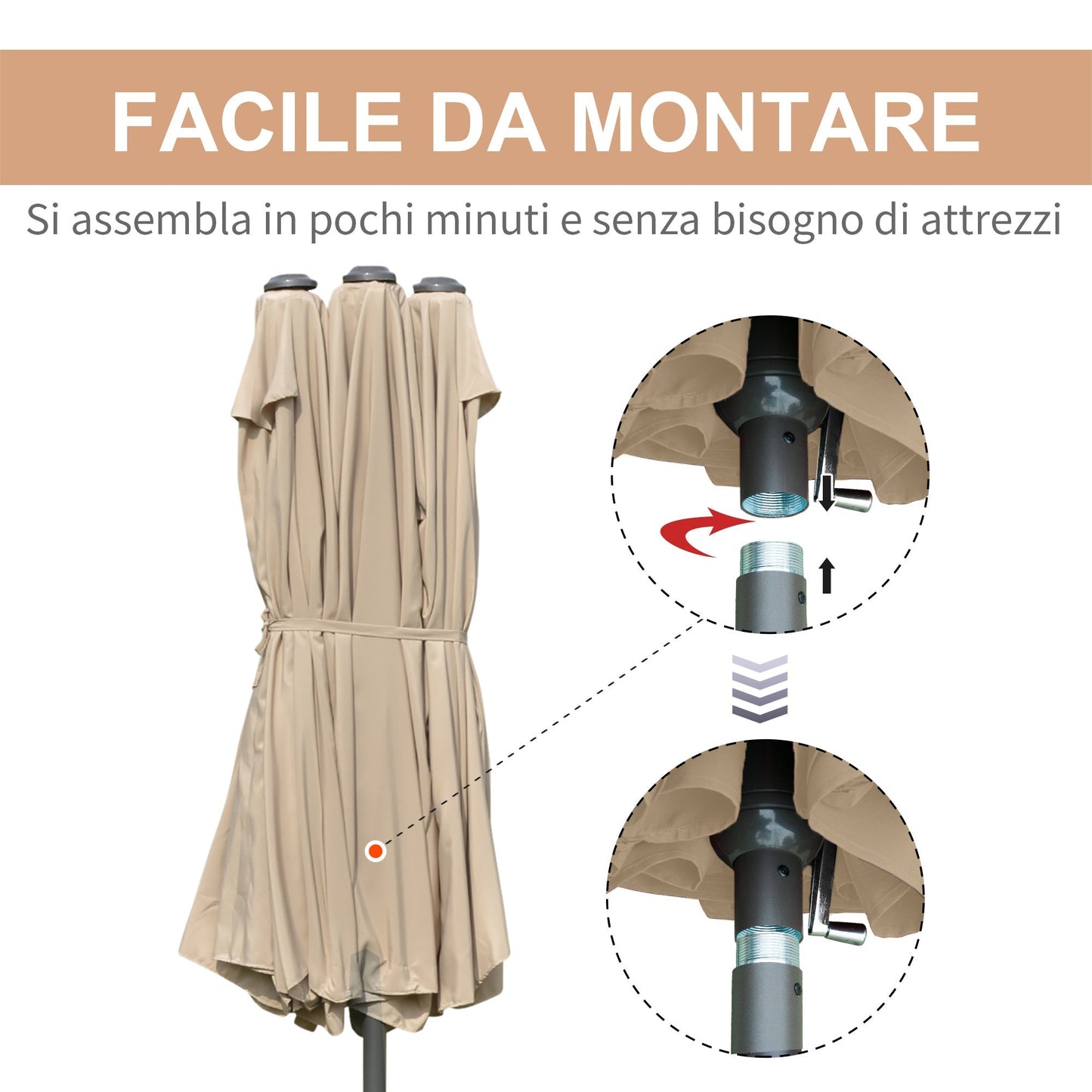 Double Garden Umbrella 460x270cm, Outdoor Umbrella with Crank Opening, Cross Base and Ballast, Steel and Khaki Polyester