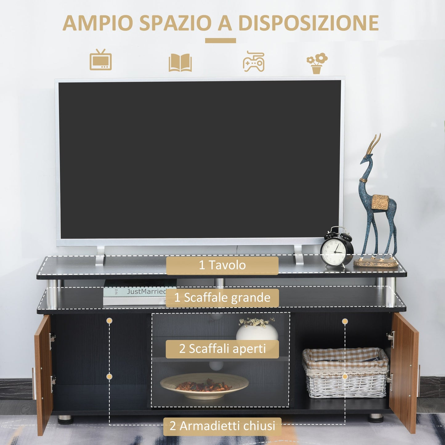 TV Stand Up to 55" with Cabinets and Shelves in Wood and Aluminum, 120x40x52.2cm