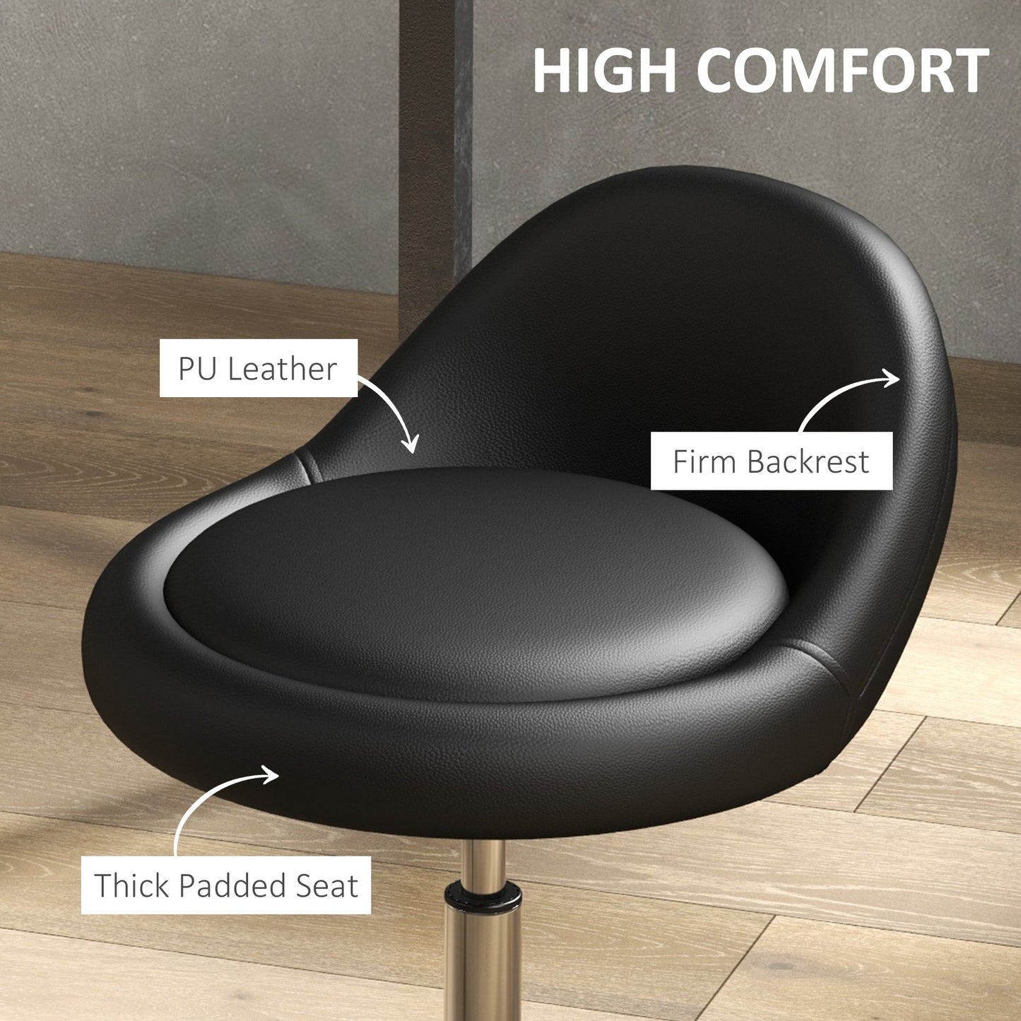 Stool with Wheels, Swivel Seat, Adjustable Height and PU Faux Leather Upholstery, Black