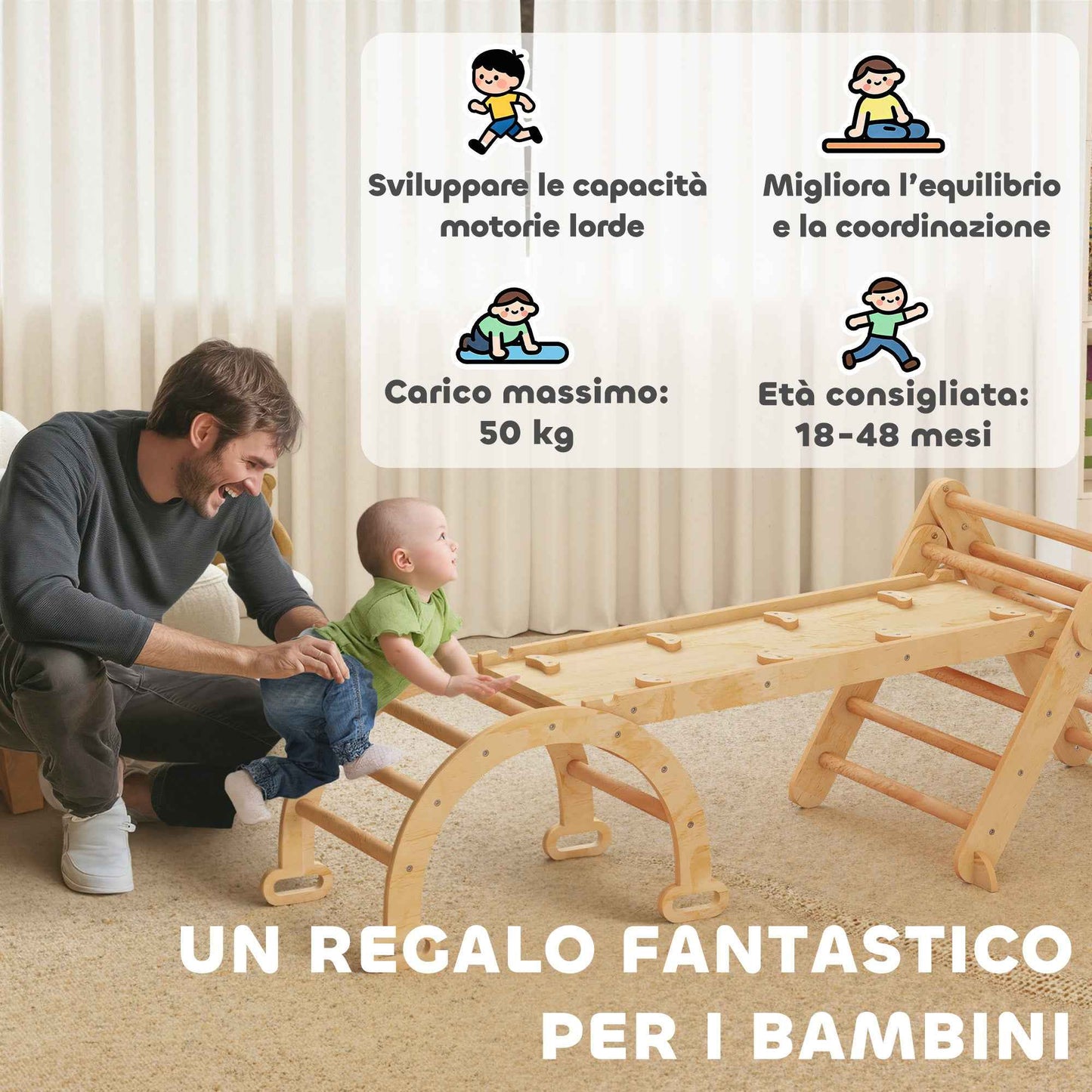 5-in-1 Children's Playground with Triangle, Smooth Wall and Arch, Made of Poplar and Pine Wood, 188x70x59 cm