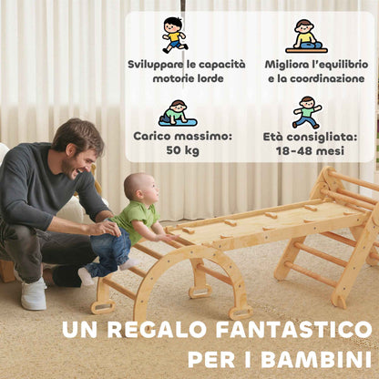 5-in-1 Children's Playground with Triangle, Smooth Wall and Arch, Made of Poplar and Pine Wood, 188x70x59 cm