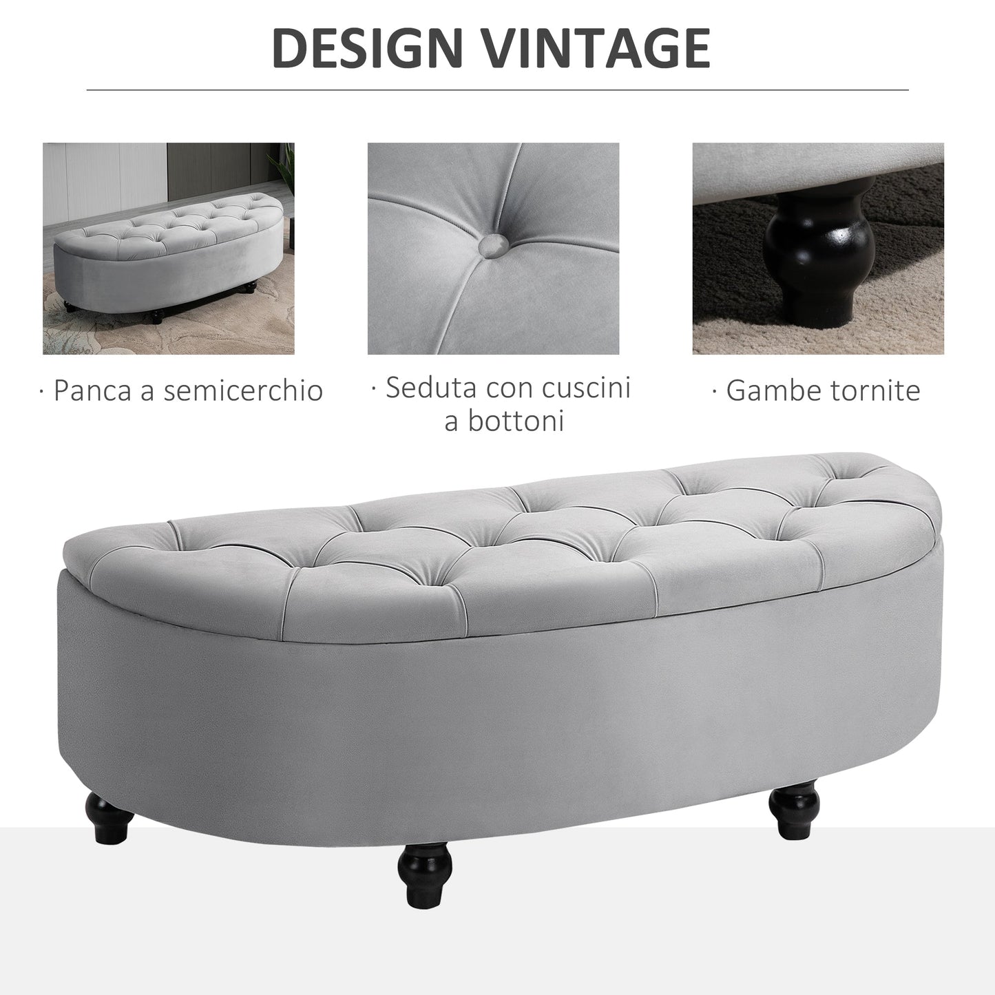 Padded Semicircle Bedside Storage Bench, Velvet and Wood, 120x46x42 cm, Light Grey
