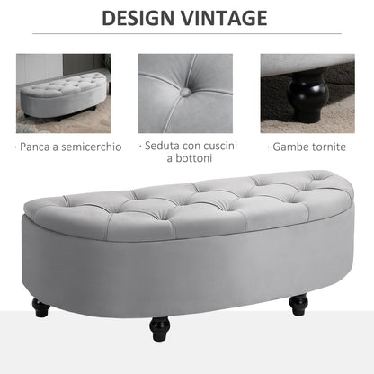 Padded Semicircle Bedside Storage Bench, Velvet and Wood, 120x46x42 cm, Light Grey