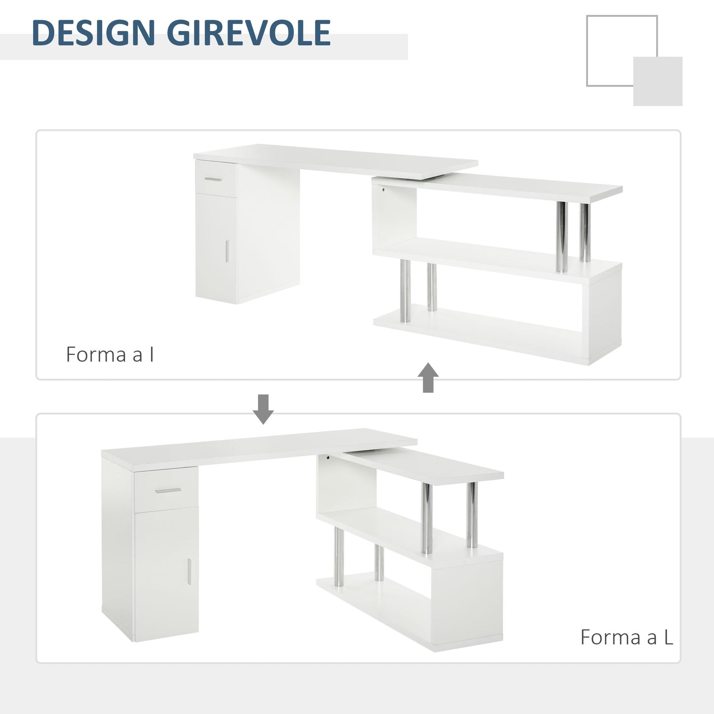 Modern Wooden Corner Desk with Drawer, Cabinet and Shelves, Office and Home Furniture, White