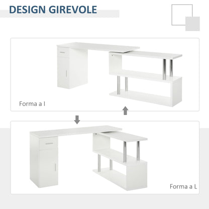 Modern Wooden Corner Desk with Drawer, Cabinet and Shelves, Office and Home Furniture, White