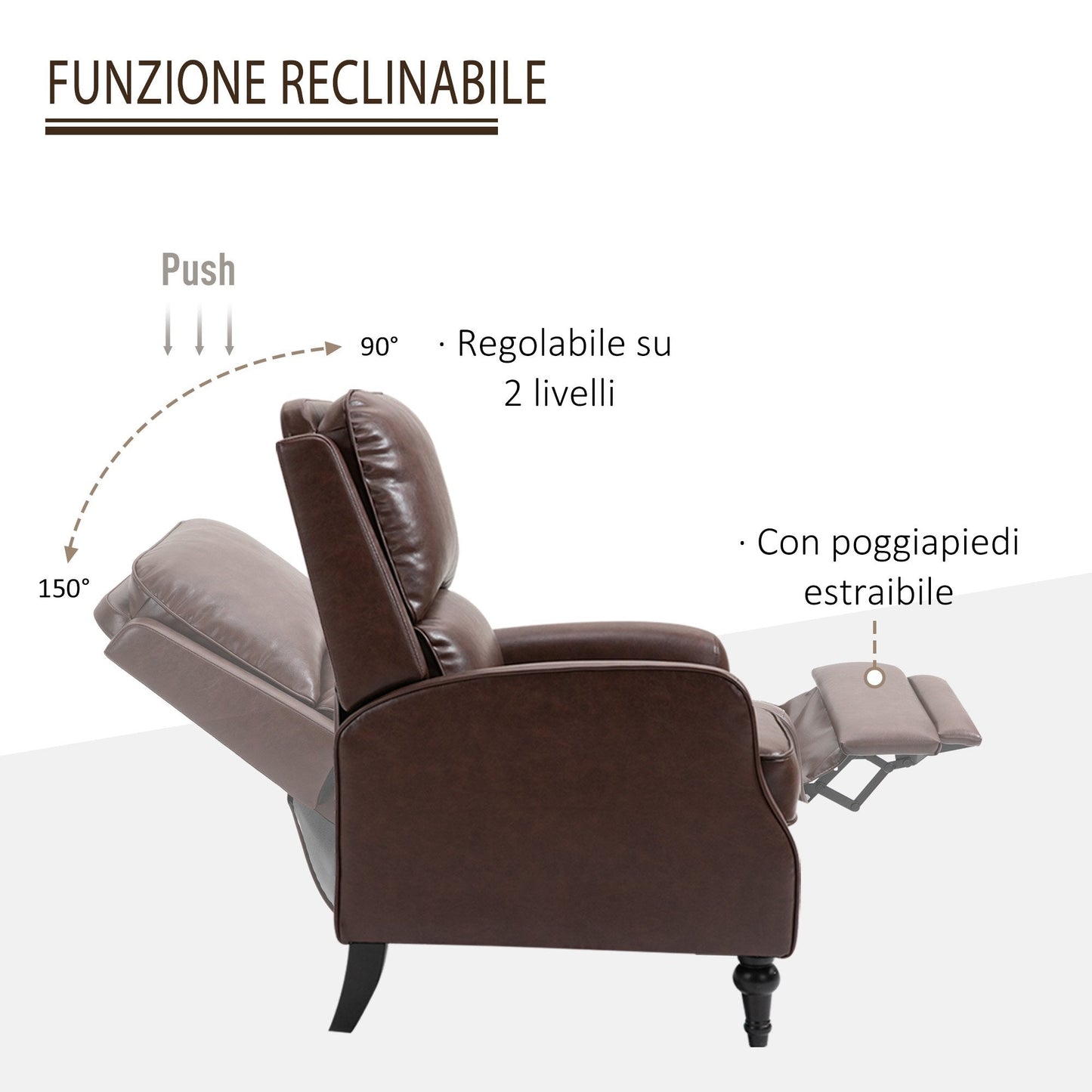 Manual Reclining Relax Chair 90° and 150° for TV, Living Room, Bedroom, Modern Design in Leather 73x86x104cm