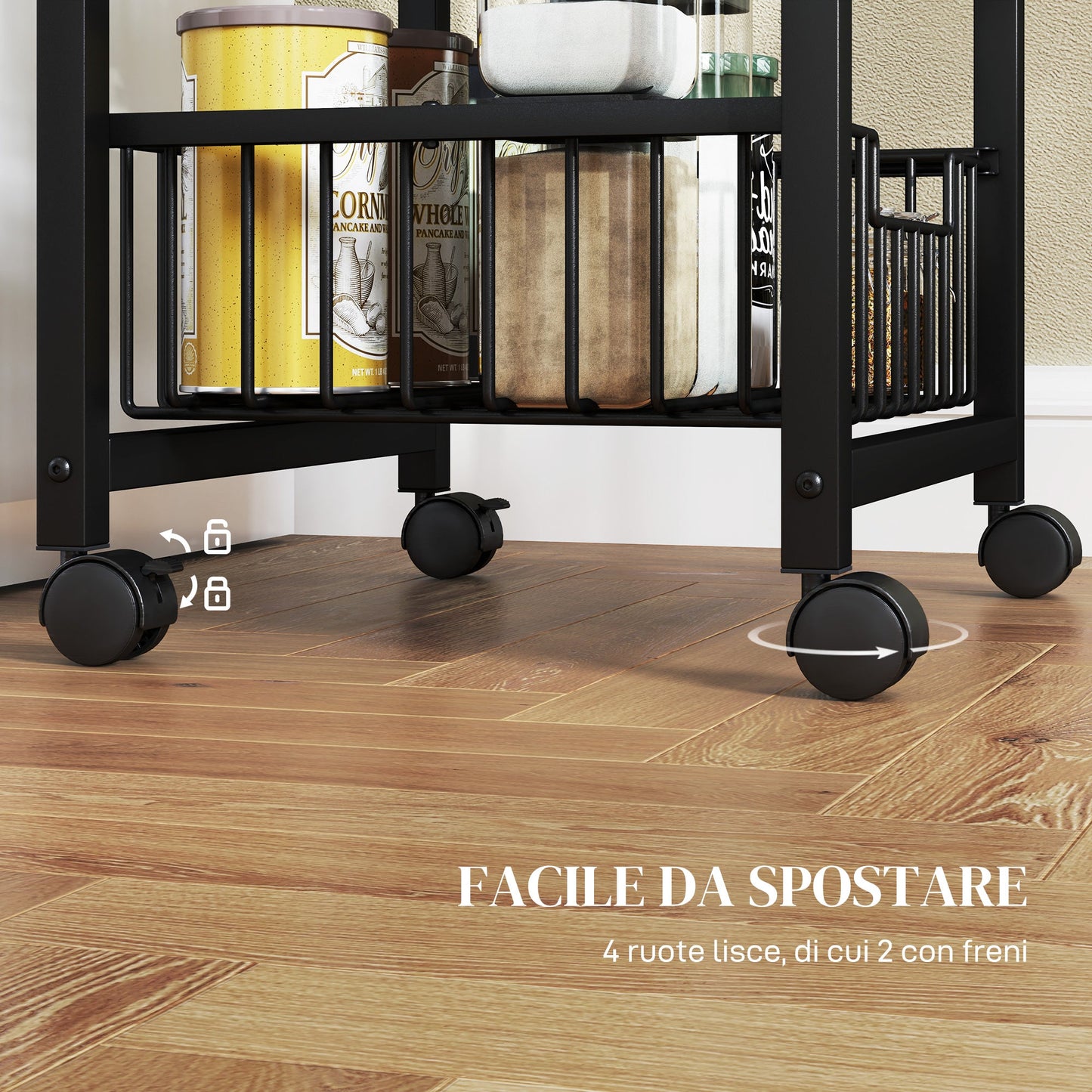 3-Basket Kitchen Trolley with Handle, Steel and Wood, 49.5x31x69 cm, Black and Light Grey