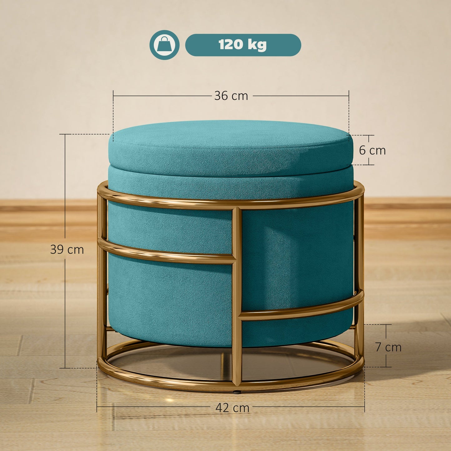 Round Velvet Storage Ottoman with 24L Compartment and Removable Lid, Ø42x39 cm, Green