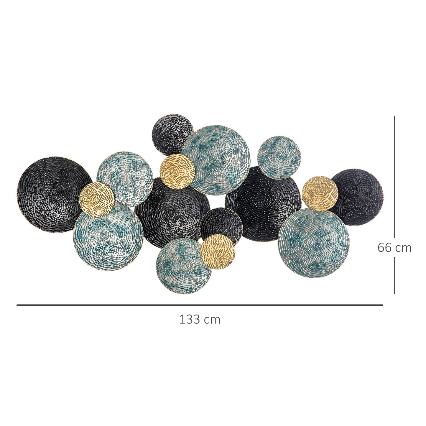 3D Metal Wall Decoration, Circle Wall Art 133x66cm, Blue, Black and Gold