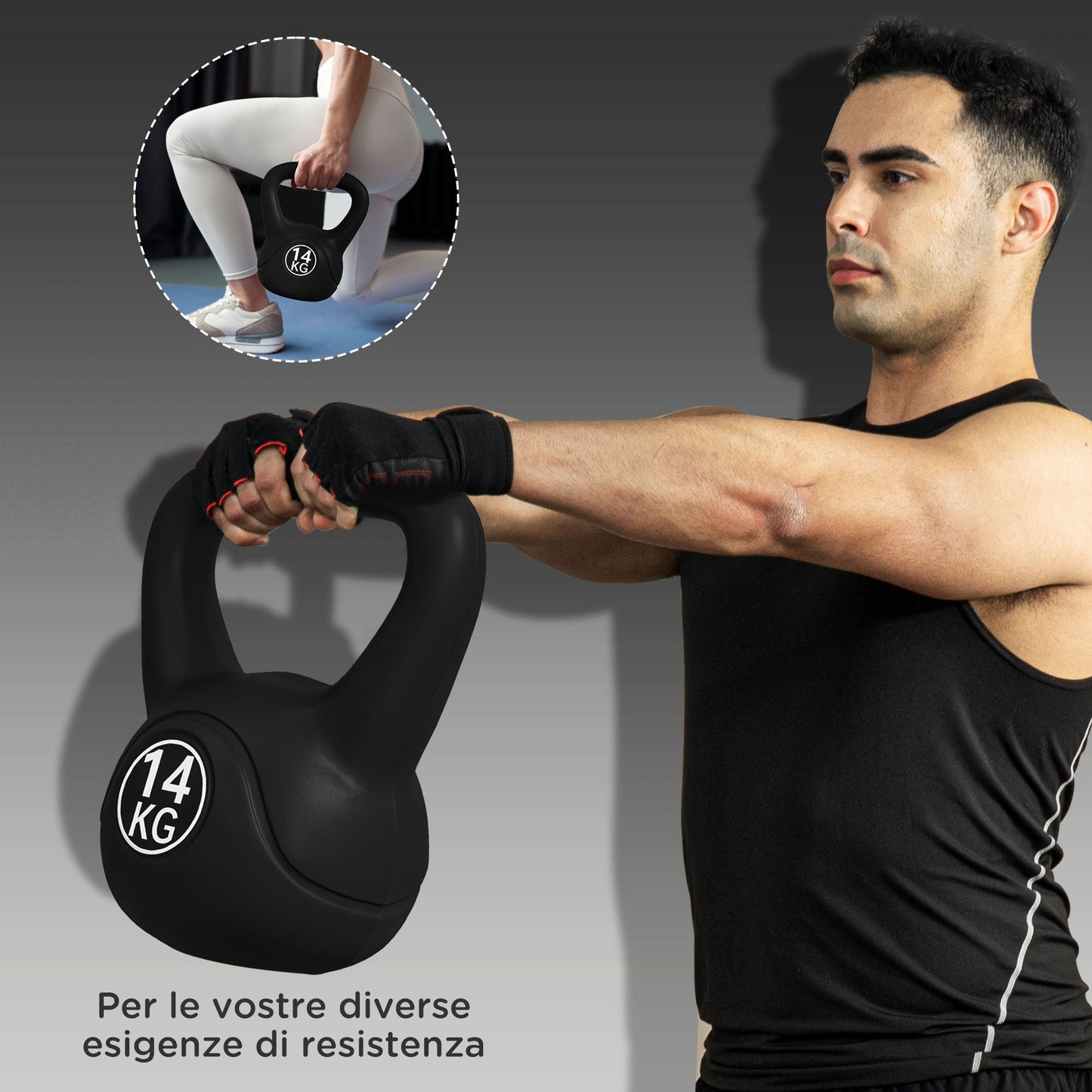 Kettlebell 4kg in Plastic and Sand with Flat Base and Handle, 18x12x20 cm, Black