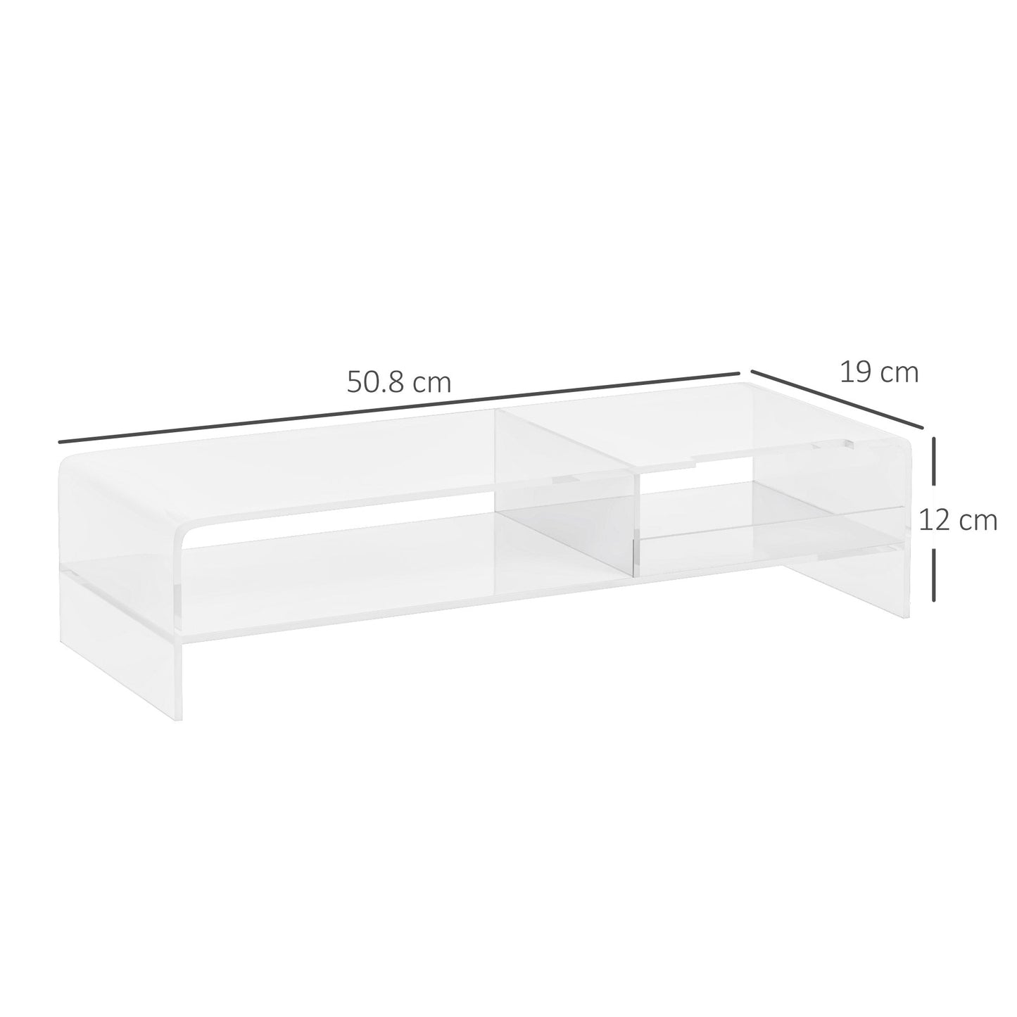 24" Max PC Monitor Stand with 2 Open Shelves, Transparent Acrylic, 50.8x19x12 cm