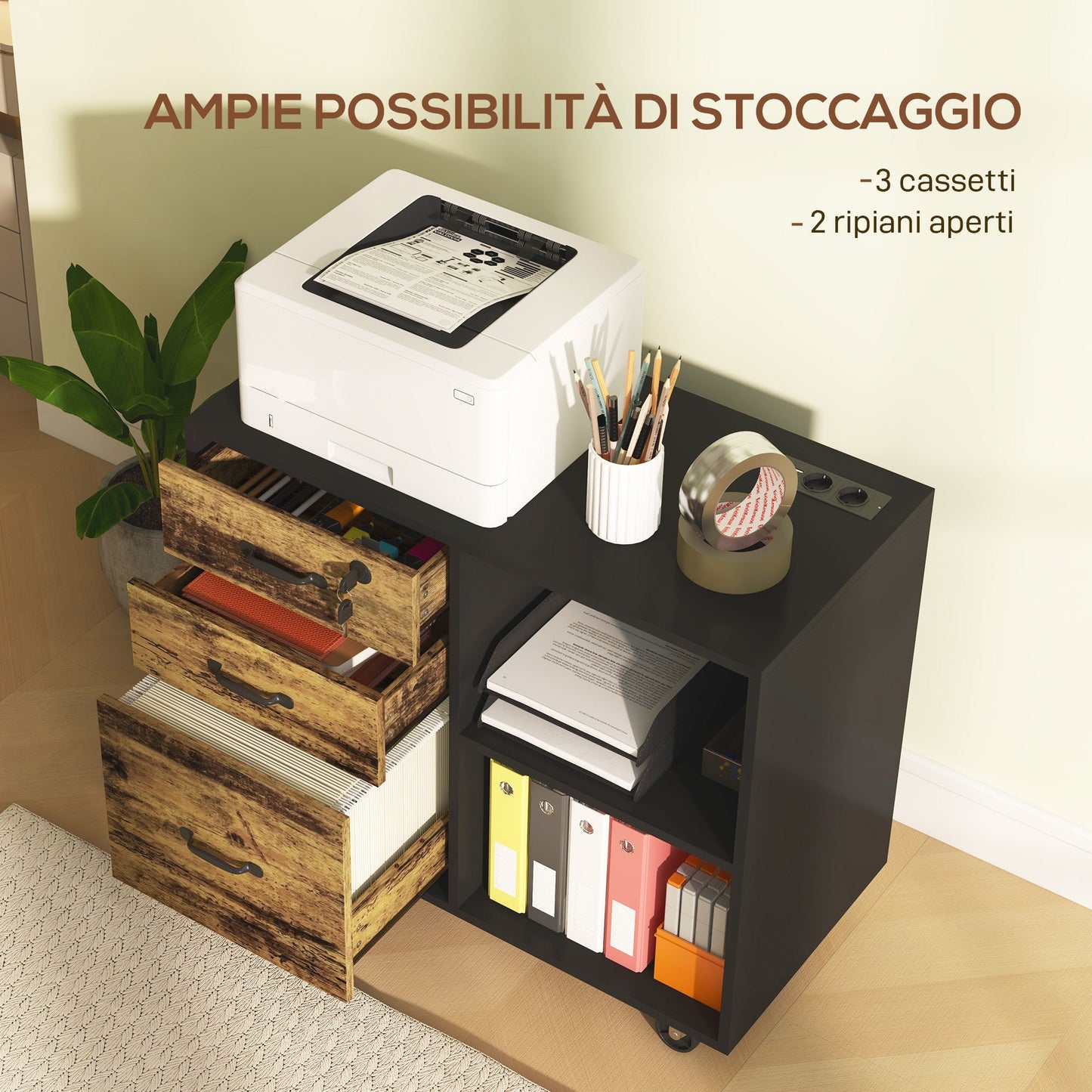 Printer Cabinet with 3 Drawers, 2 Open Shelves and Cable Hole, in MDF, 80x40x65.5 cm, Brown and Black