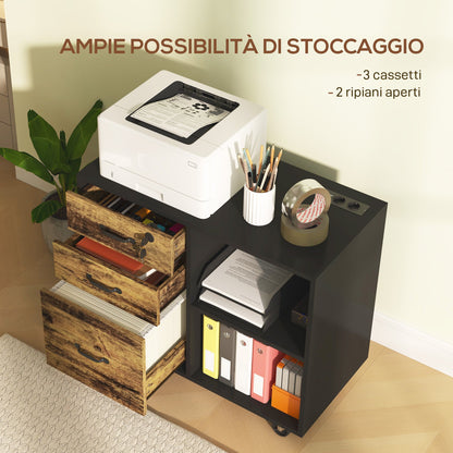 Printer Cabinet with 3 Drawers, 2 Open Shelves and Cable Hole, in MDF, 80x40x65.5 cm, Brown and Black