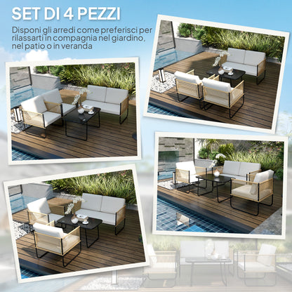 4 Piece Rattan and Steel Garden Set with Sofa, 2 Outdoor Armchairs and Low Table, Multicolor