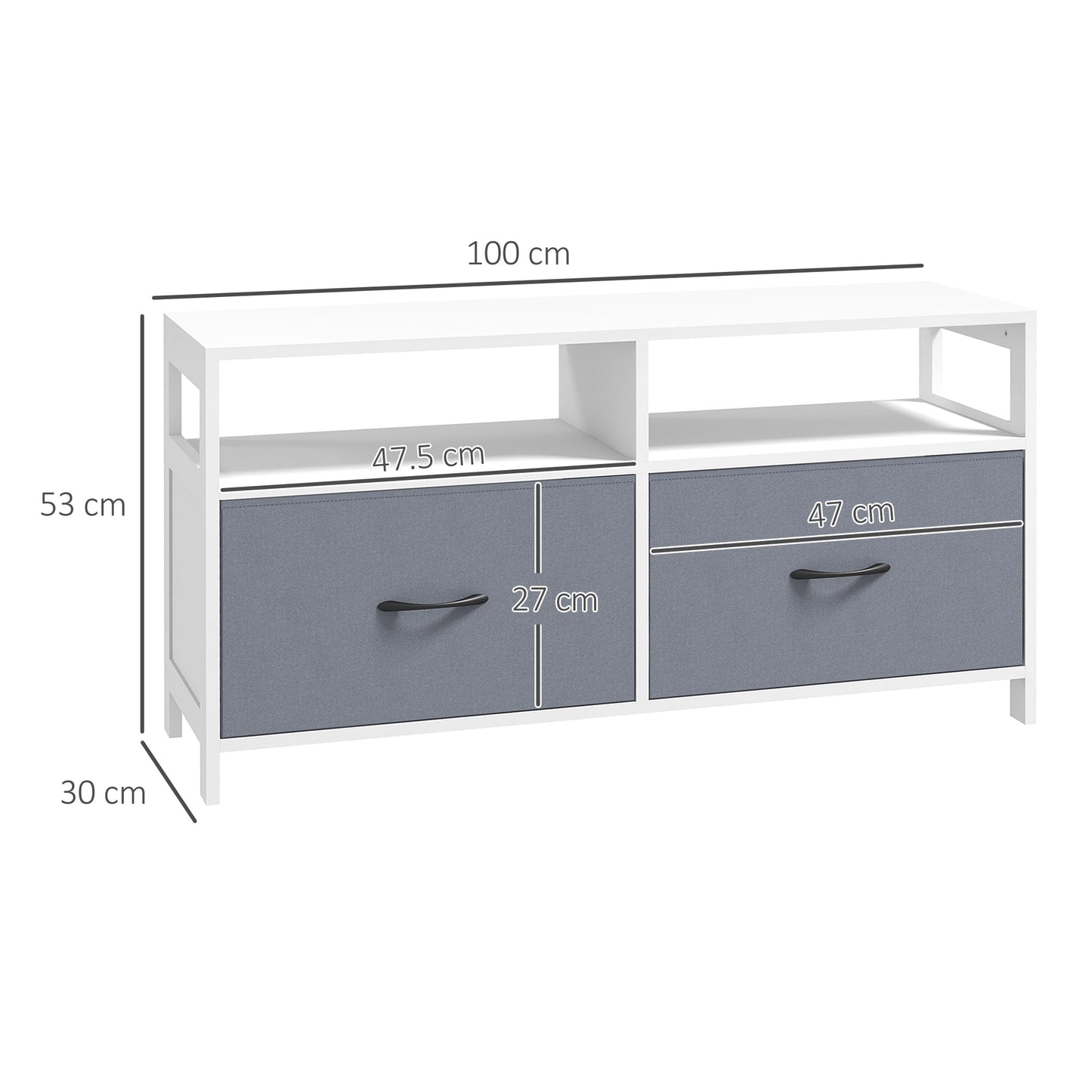 45" max TV Stand in MDF and Non-Woven Fabric with 2 Drawers and 2 Shelves, 100x30x53 cm, White and Grey