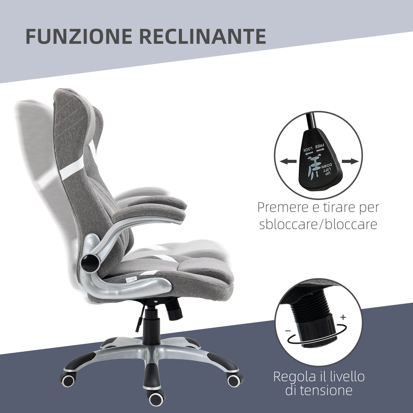 Breathable Fabric and Steel Reclining Office Chair with Adjustable Height, 68x76x109-117 cm