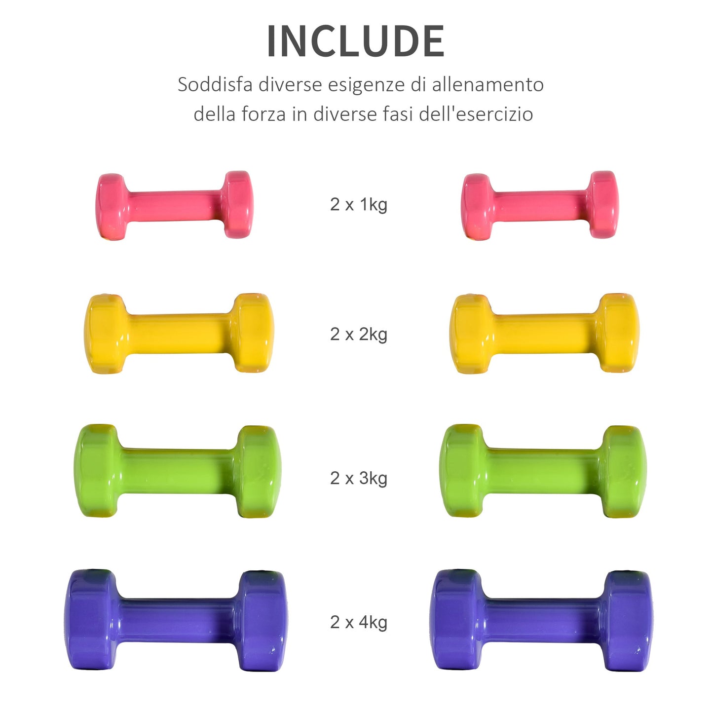 Set of 4 Hexagonal Dumbbells of 20 kg Total in Steel and PU from 1 to 4kg, Multicolor