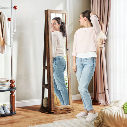 360° Swivel Floor-Standing Jewelry Mirror with Shelves and Key Lock, 55x55x161 cm, Rustic Brown