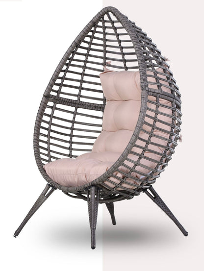 DROPPA | Boho Teardrop Rattan Outdoor Lounge Chair with Cushion, 101x89x156cm Grey and Beige