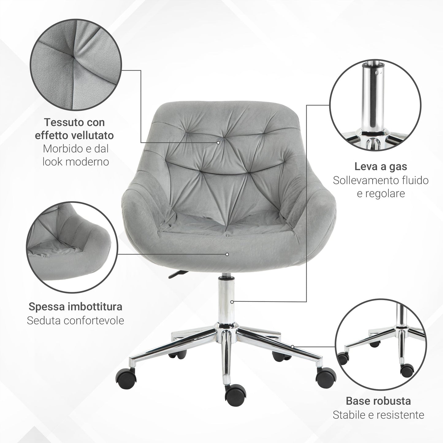 Ergonomic Swivel Office Chair with Adjustable Height and Wheels, Velvet Upholstery, 59x58x80-90cm, Grey