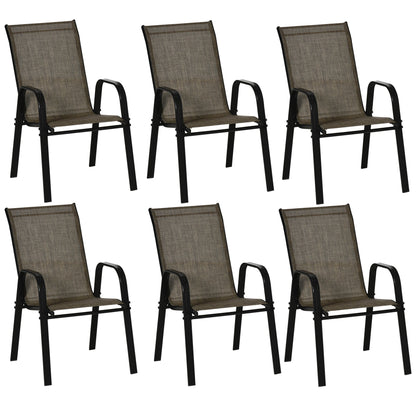 Garden Chairs Set of 6, Stackable Outdoor Chairs in Metal and Breathable Fabric, Brown