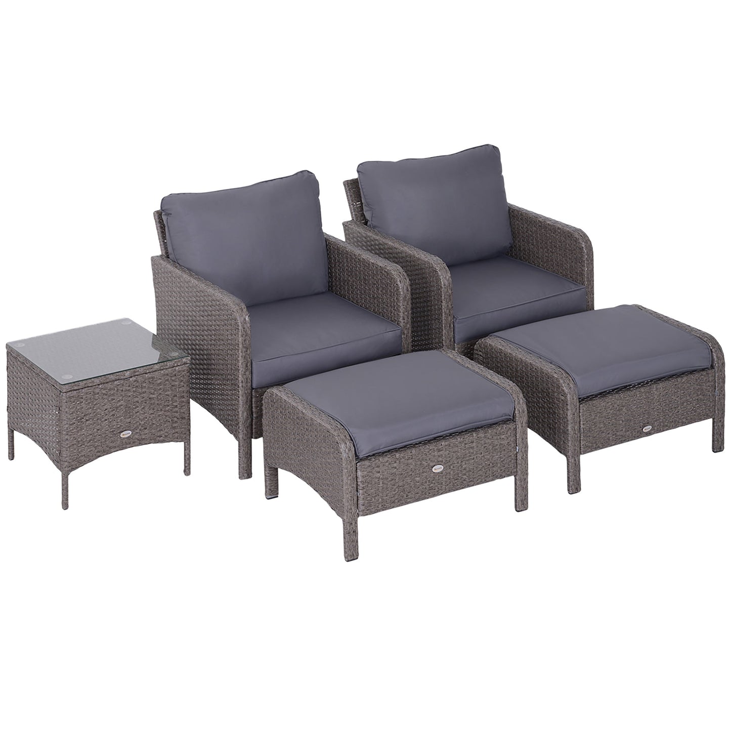 Garden Furniture Set 2 Armchairs 2 Footstools 1 Coffee Table in Tempered Glass Rattan Grey