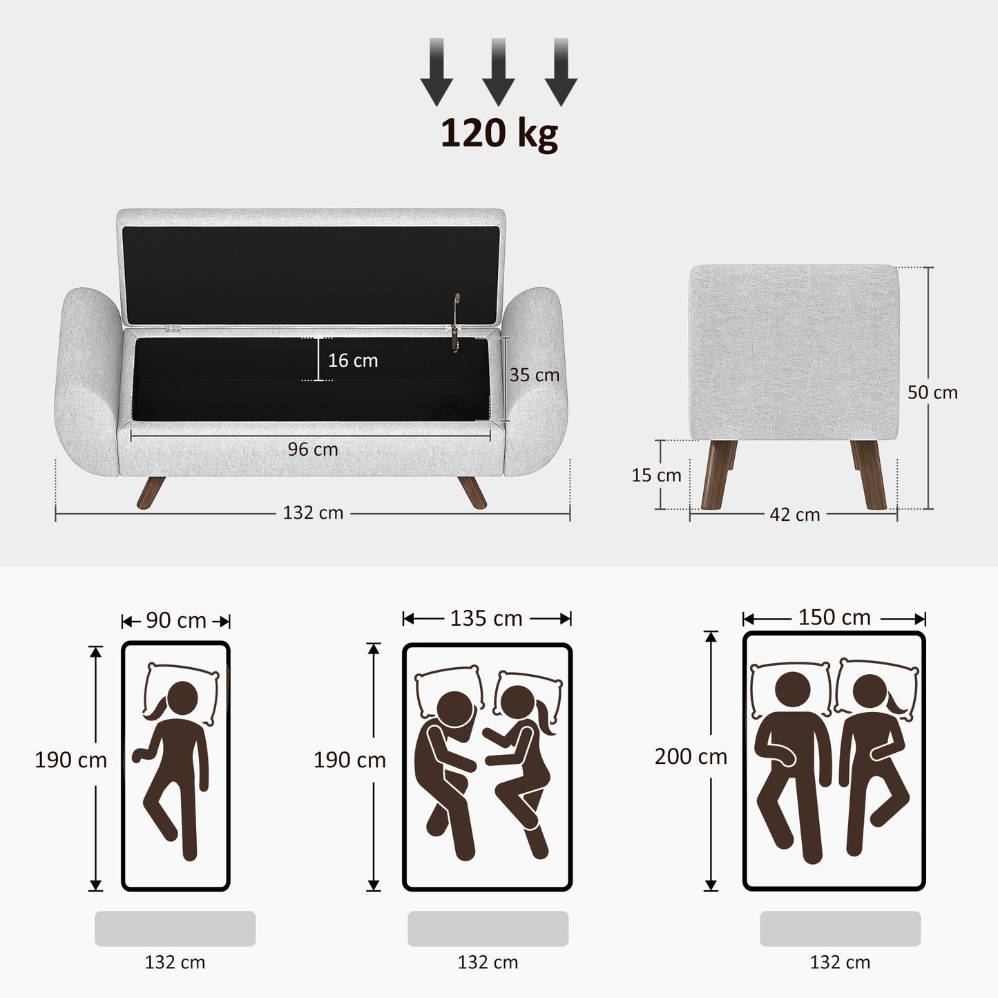 Bedside Storage Bench with Fabric Armrests, Wooden Legs and 53.8L Compartment, 132x42x50 cm, Grey