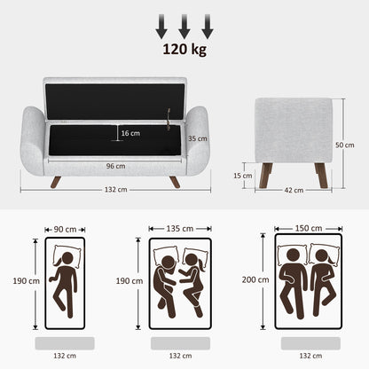 Bedside Storage Bench with Fabric Armrests, Wooden Legs and 53.8L Compartment, 132x42x50 cm, Grey
