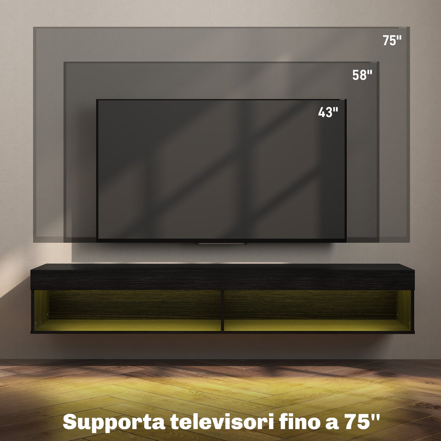 Wall Mounted TV Stand for up to 75" with 16 Color LED Lights and Remote Control, 180x40x30cm, Black