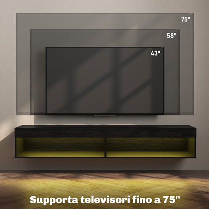 Wall Mounted TV Stand for up to 75" with 16 Color LED Lights and Remote Control, 180x40x30cm, Black