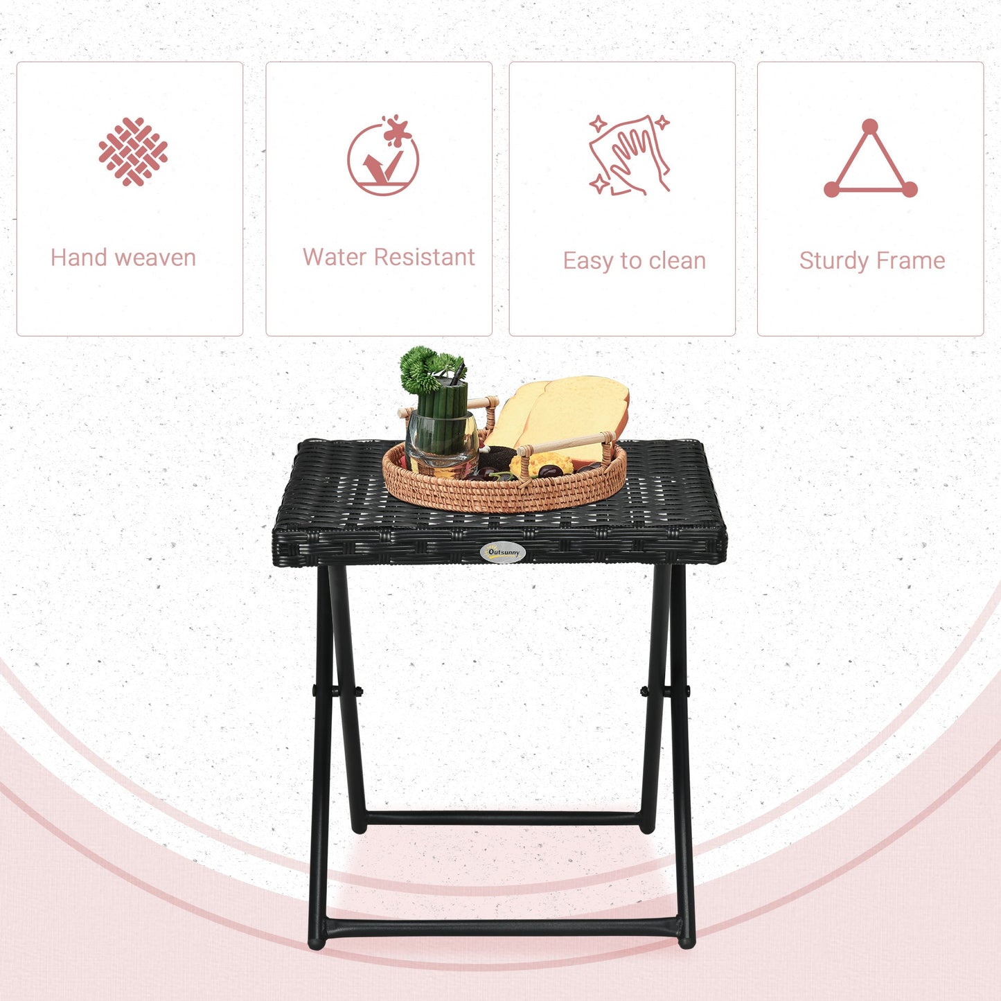Space-Saving Folding Garden Table in Synthetic Rattan and Steel, 40x40x40cm, Black