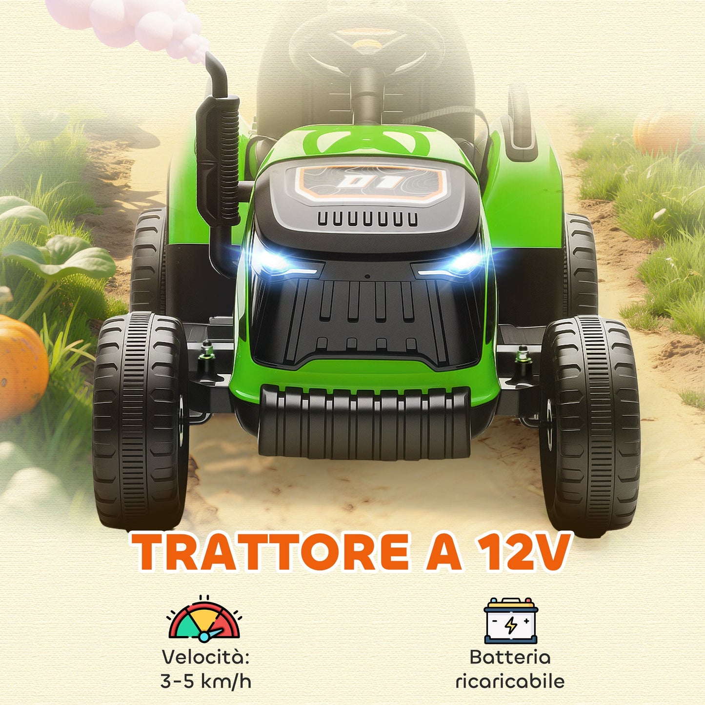 Electric Tractor for Children with Detachable Trailer and Remote Control, Made of Plastic and Metal, 139x58x55 cm, Green