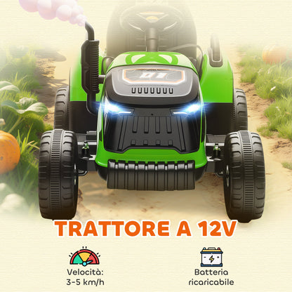 Electric Tractor for Children with Detachable Trailer and Remote Control, Made of Plastic and Metal, 139x58x55 cm, Green